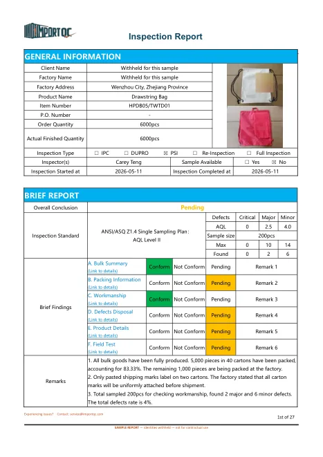 First page of the Drawstring Bag sample report
